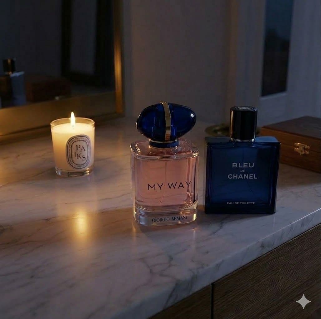 my way giorgio armani en bleu de chanel op marmeren blad